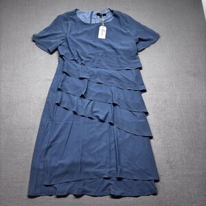 NWT Shall We Dress Women's Size M Dusty Blue Tiered Short Sleeve Knee Length